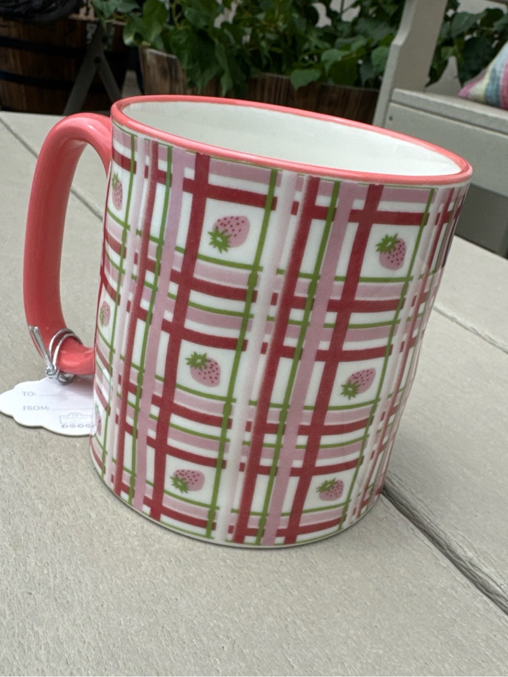 10 Strawberry Street Bella Pink Strawberry Plaid Ceramic Mug new